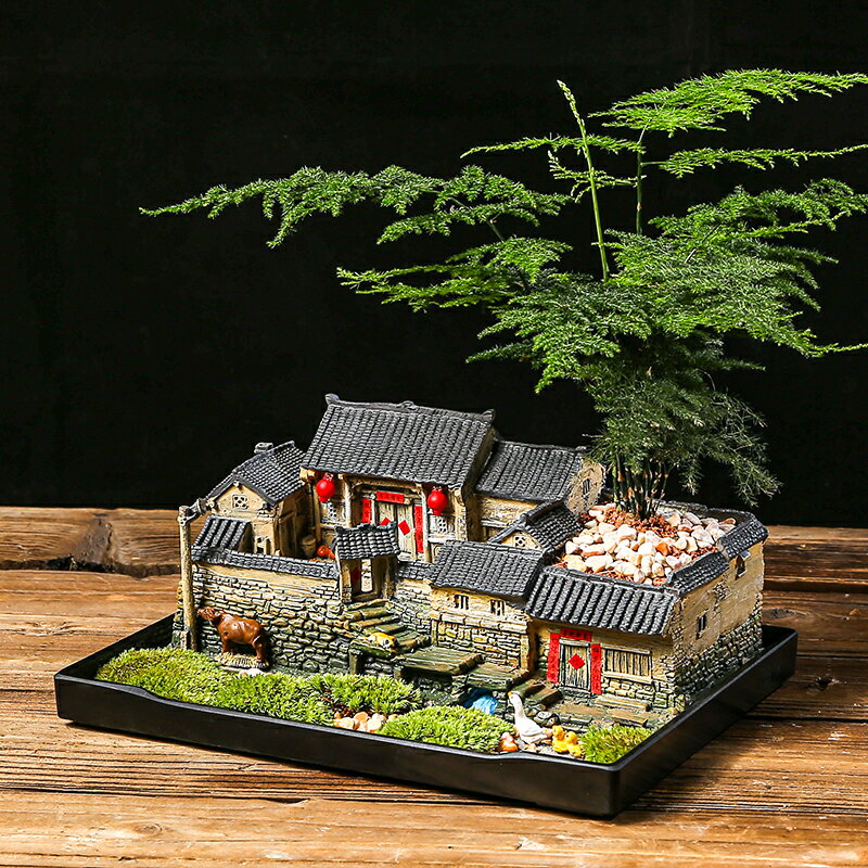 中式創意復古小房子花盆造景盆器微景觀文竹盆景室內盆栽裝飾擺件