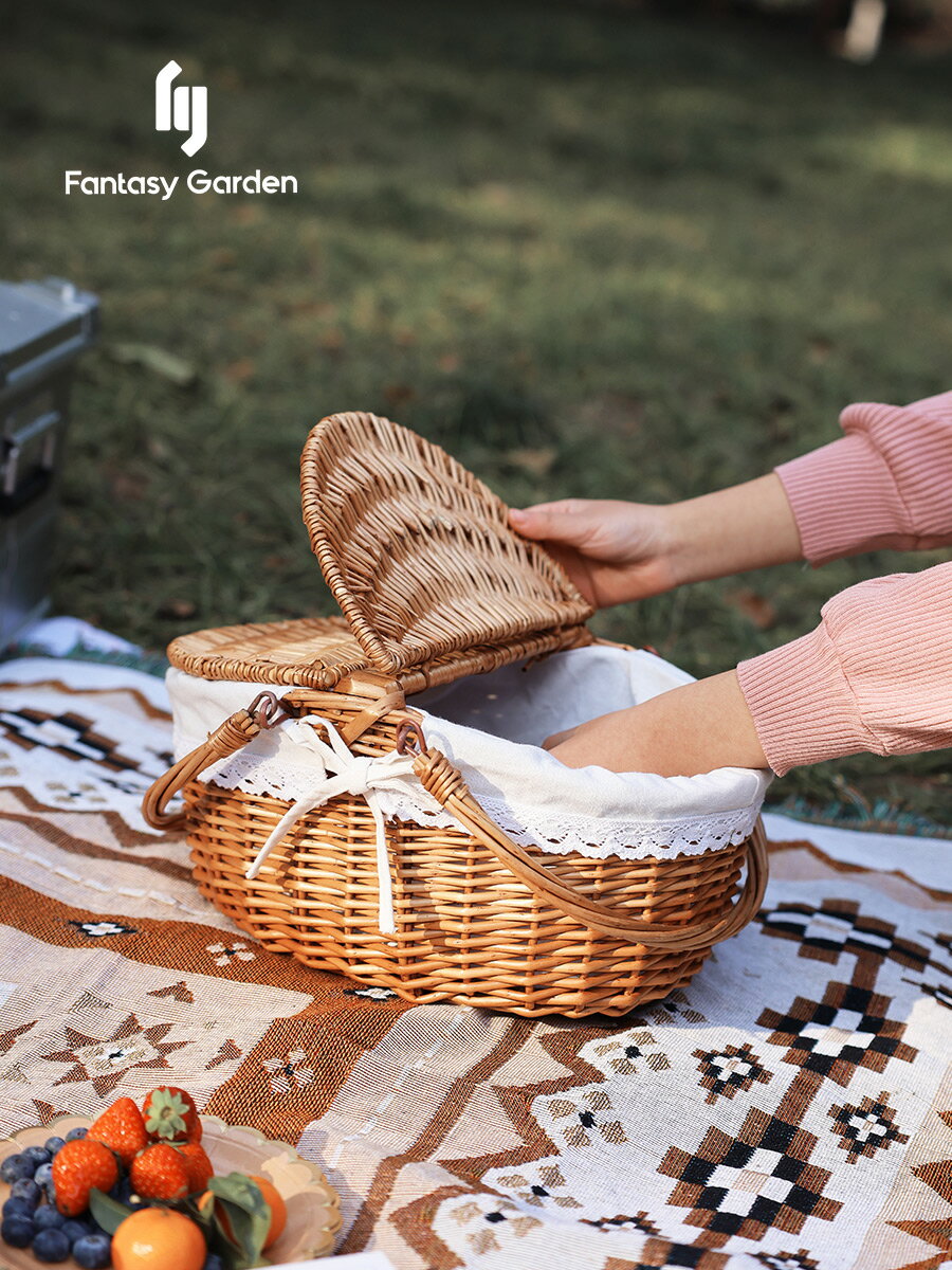 Fantasy Garden夢花園戶外野餐籃便攜柳藤編收納框郊游露營橢圓籃