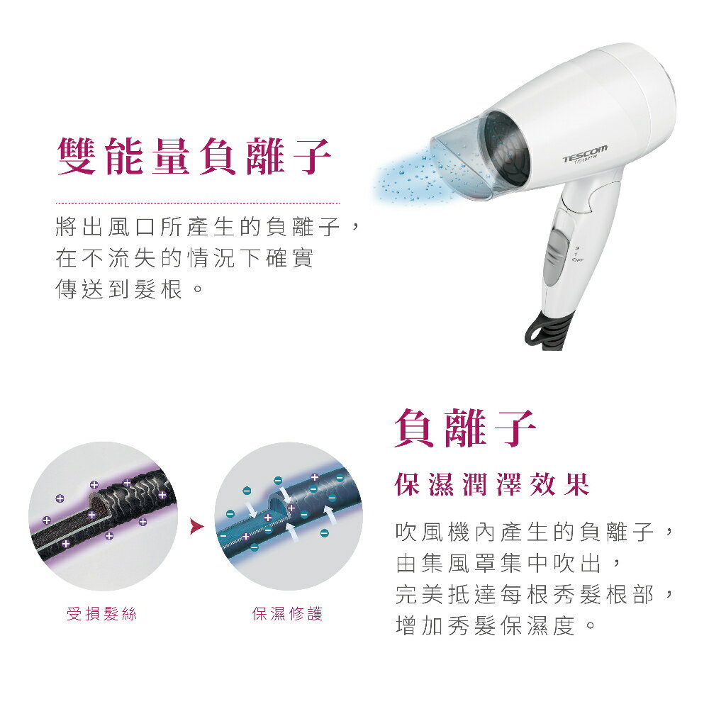 【TESCOM】TID192TW 大風量負離子吹風機  折疊式 輕量 負離子 護髮 吹風機 白色 2