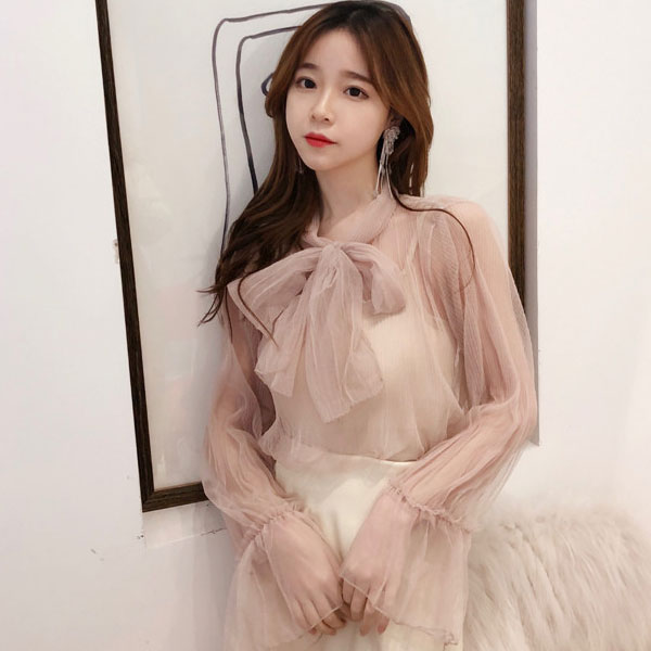 兩件組 蝴蝶結網紗 內搭背心 襯衫 上衣 套裝 長袖 喇叭袖 透膚 透視 性感 女神 氣質 婚宴 仙女 韓國 ANNA S. 3