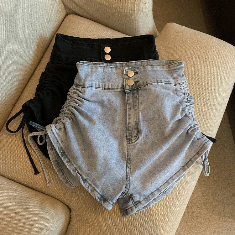辣妹牛仔短褲女夏季2021新款設計感抽繩顯瘦高腰闊腿褲a字熱褲子