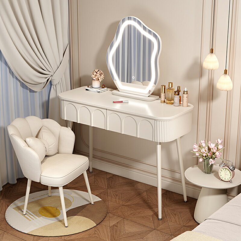 奶油風梳妝臺臥室現代簡約主臥小戶型化妝桌鏡子床頭收納書桌一體