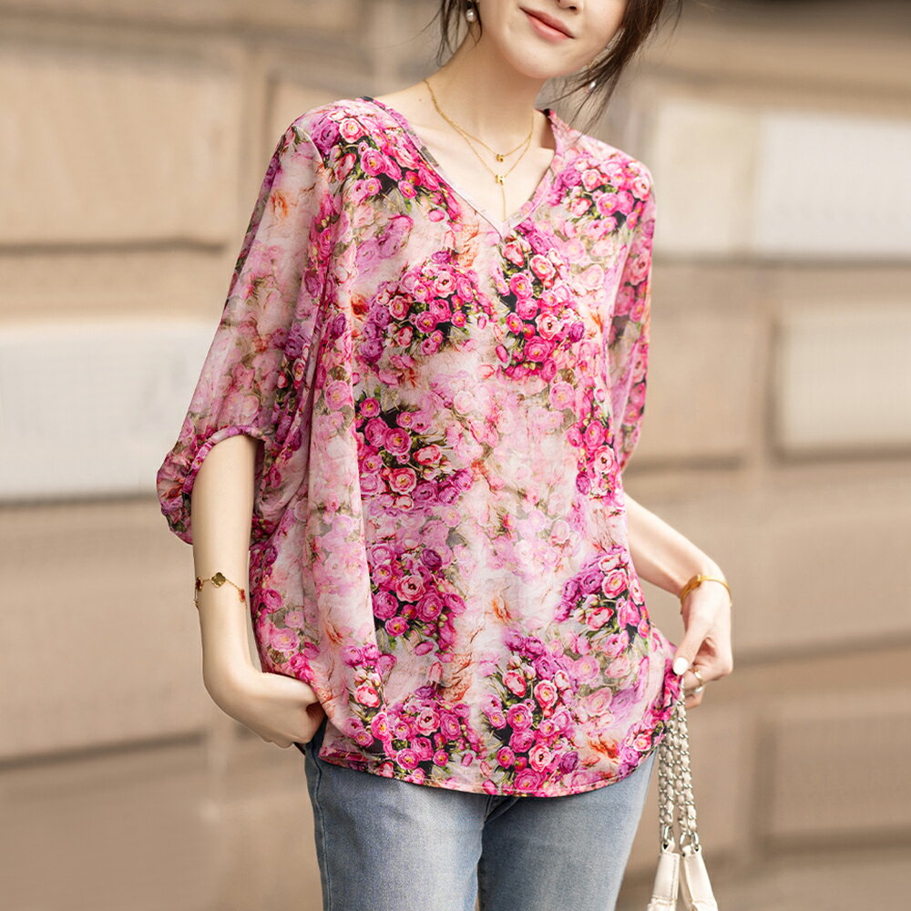 ＊ORead＊碎花V領短袖上衣(粉紅色S~4XL)