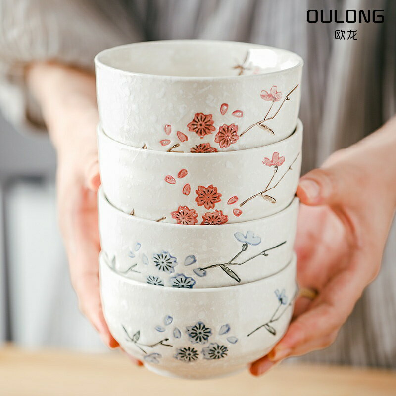 日式雪花瓷餐具組合家用陶瓷米飯碗10只裝加厚防燙面碗創意情侶碗
