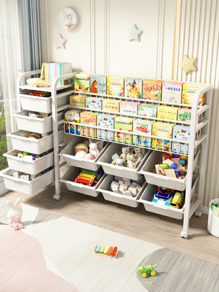 室內閱讀區兒童書架玩具繪本分類整理收納架鐵藝大容量帶輪置物架