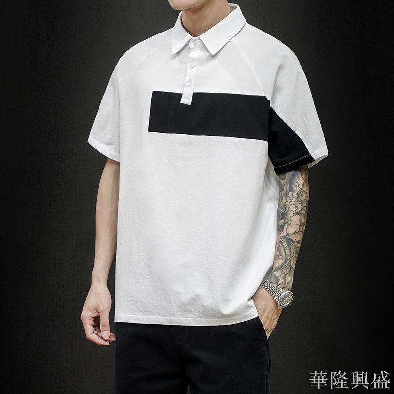 夏季新款日系簡約涼感冰絲polo衫男潮牌寬松大碼拼接翻領短袖T恤