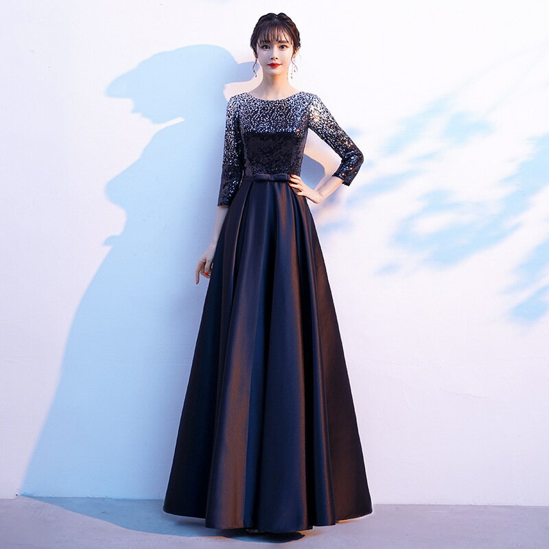 大尺碼晚禮服洋裝 大合唱演出服女成人主持指揮舞臺表演服2025新款晚禮服週年慶長裙