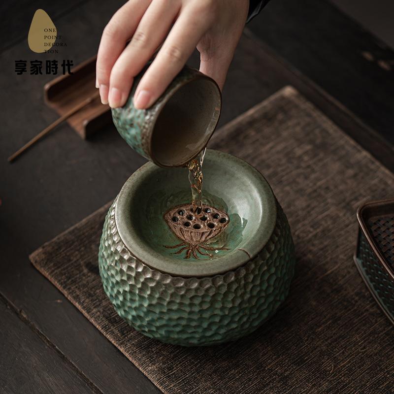 日式窯變青野錘紋蓮蓬建水帶蓋茶渣缸茶渣桶水孟 陶瓷 功夫 茶具 配件xj7251