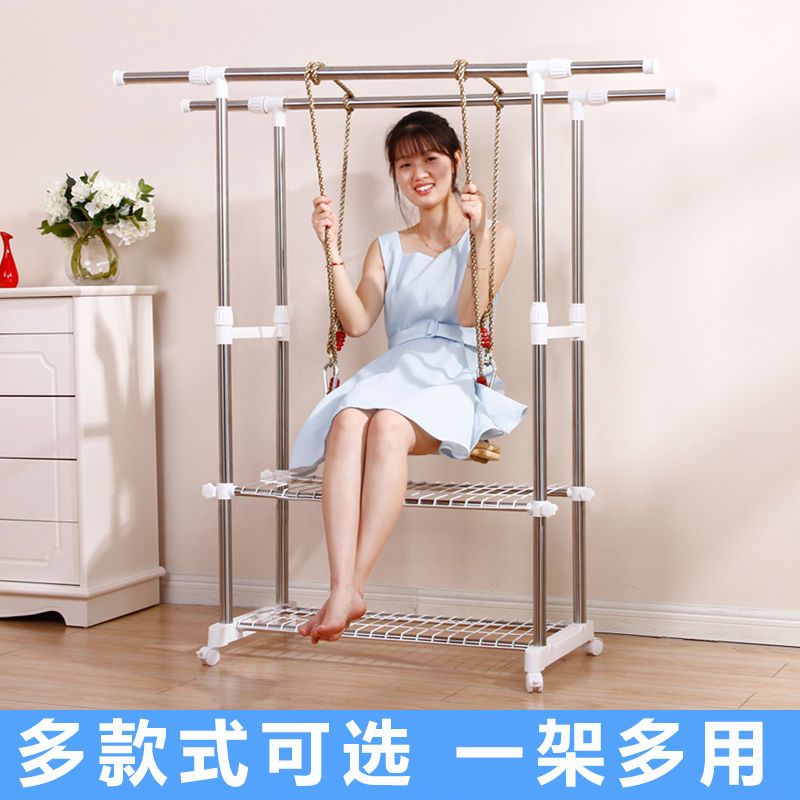晾衣架 晾衣架落地雙桿曬衣架室內不銹鋼折疊掛衣架室內家用衣服曬被架子-快速出貨