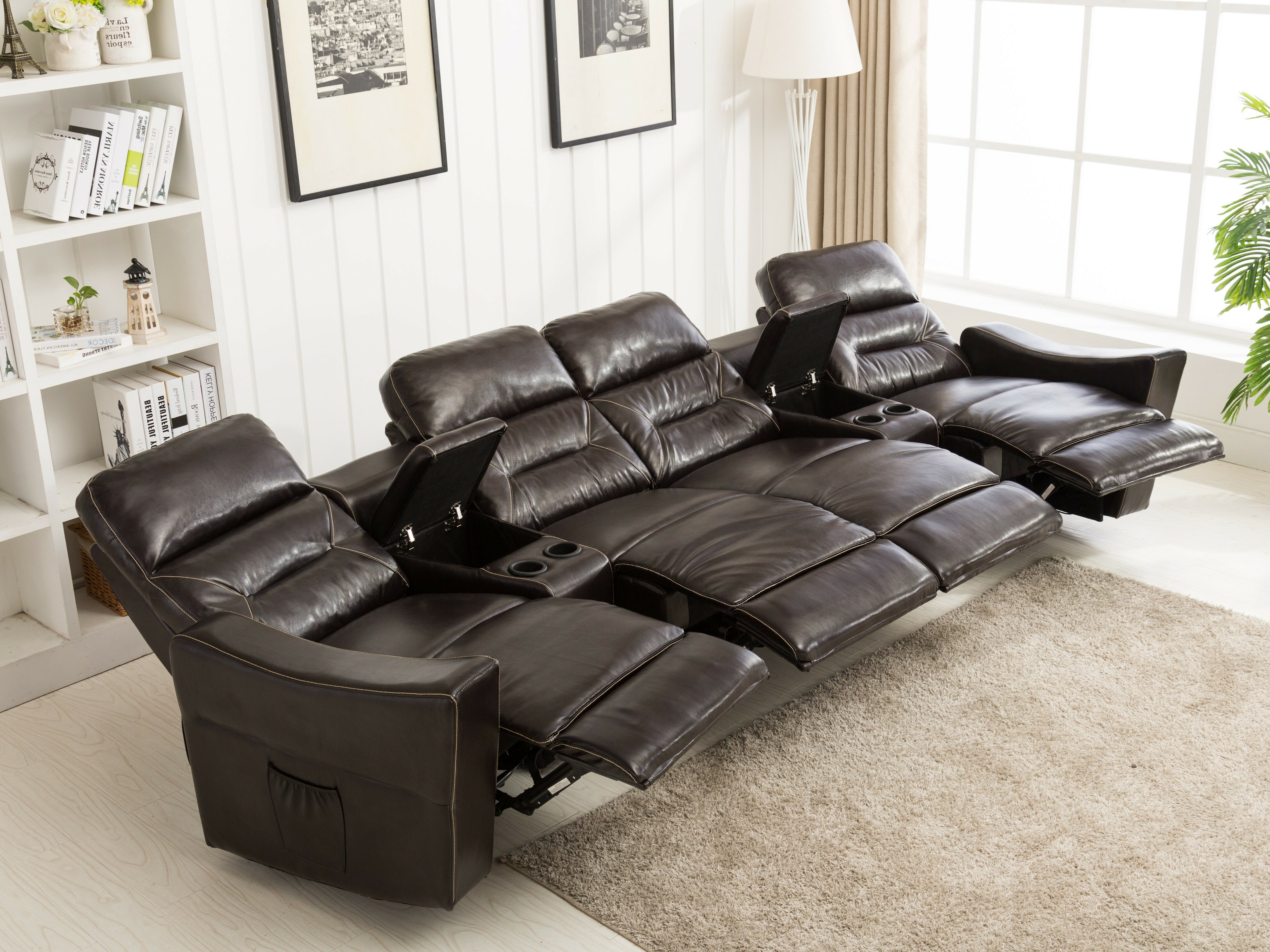 PU Leather 4 Seat Reclining Home Theatre Sectional Heated Sofa