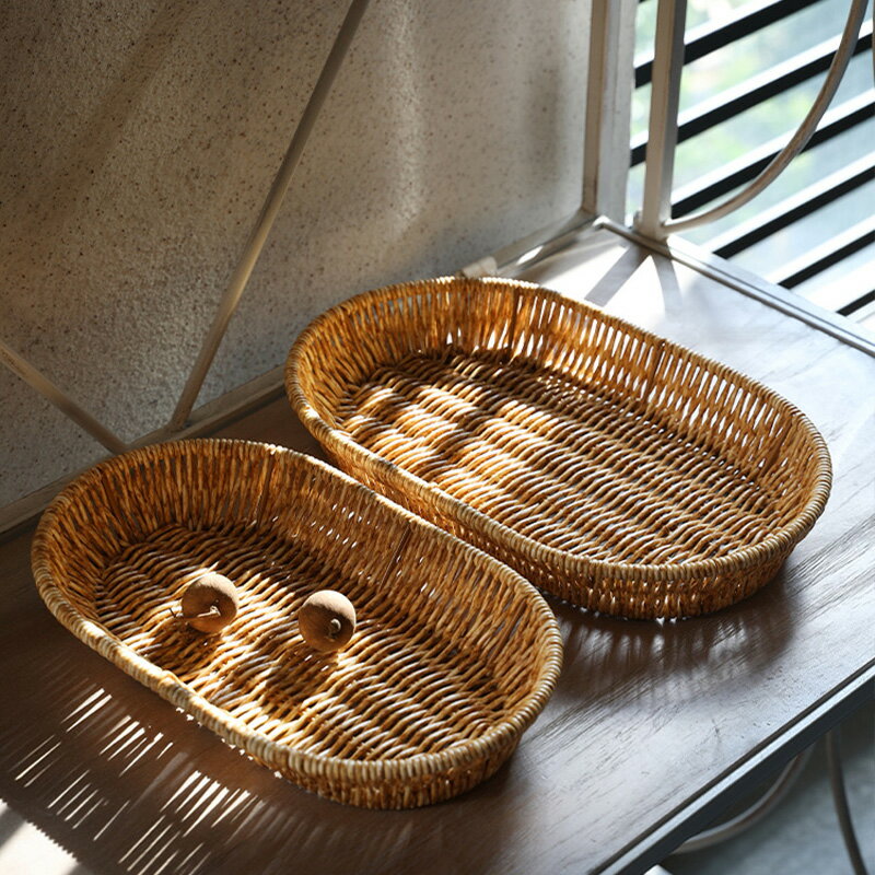 仿藤編織零食籃水果籃 北歐風餐廳點心盤面包托盤 茶幾桌面收納籃