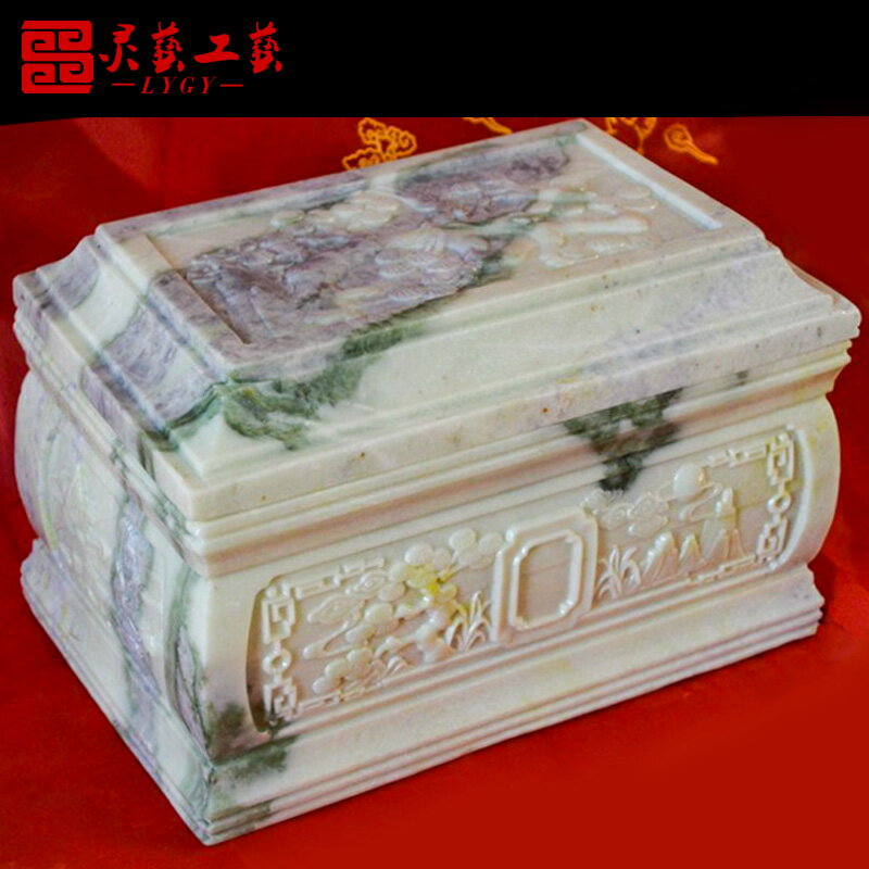 天然藍田玉玉石骨灰盒壽盒松鶴長青棺材壽盒殯葬用品男女通用防潮