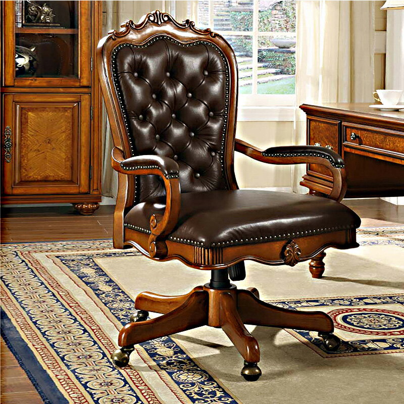 美式真皮老板椅復古雕花實木轉椅歐式電腦椅家用辦公升降椅主播椅