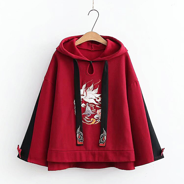 紅色古風加絨衛衣女秋冬裝設計感漢元素刺繡寬松保暖連帽絨衫外套