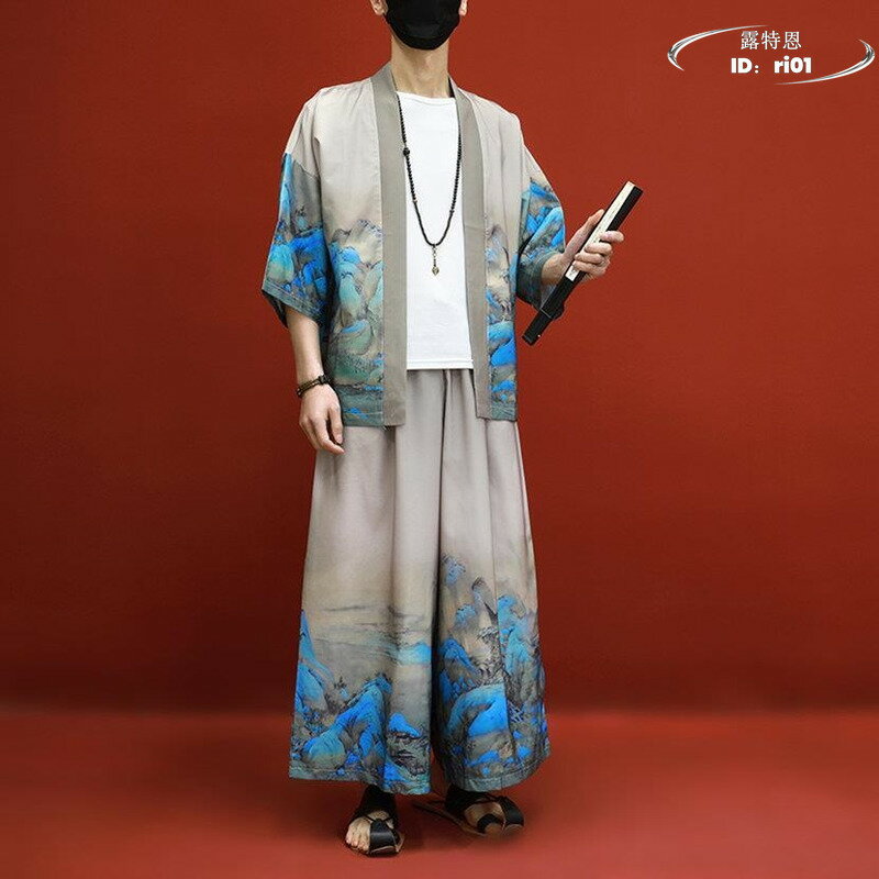 【限時免運】中國風套裝 男夏季薄款寬鬆居士服 開衫道袍 潮牌復古唐裝 漢服 兩件套