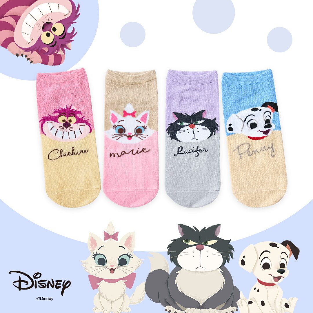 迪士尼 貓貓狗狗直版襪 兒童短襪 魯斯佛 101忠狗 瑪麗貓 棉襪【旺達棉品】AM-A507