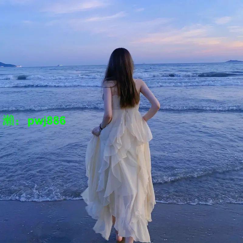 仙女裙吊帶連衣裙海邊度假連衣裙子夏季沙灘吊帶裙長裙新白色三亞