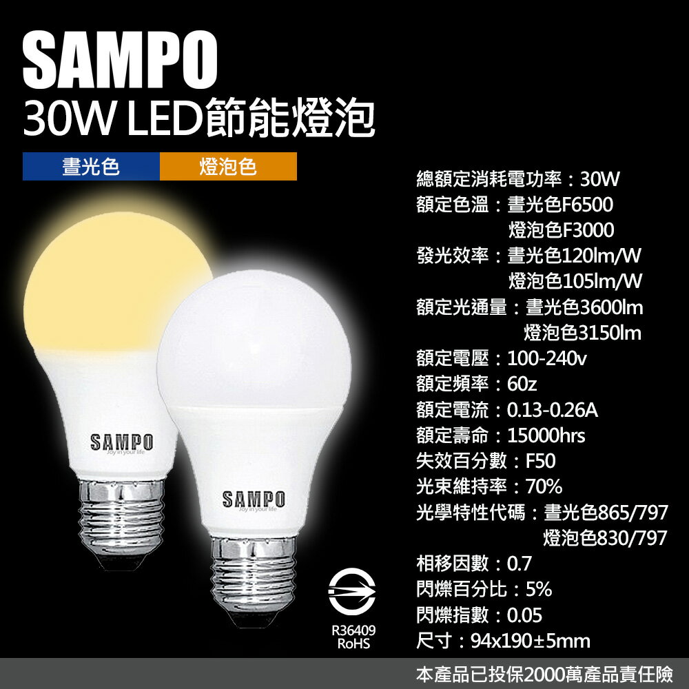 【聲寶SAMPO】LB-P30L LED節能燈泡30W(晝光色/燈泡色)泛周光 省電 長壽 不閃爍 CNS檢驗