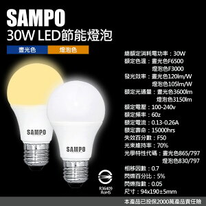 【聲寶SAMPO】LB-P30L LED節能燈泡30W(晝光色/燈泡色)泛周光 省電 長壽 不閃爍 CNS檢驗