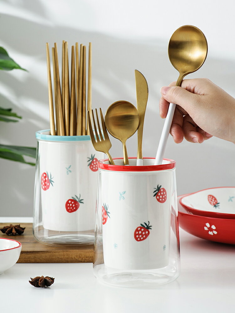 草莓筷子簍家用日式陶瓷筷籠置物收納盒廚房筷筒高硼硅玻璃瀝水架