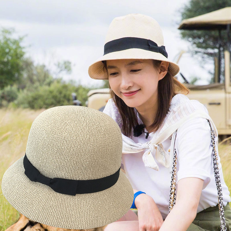 小清新帽子夏天遮陽防曬草帽女日本簡約蝴蝶結棉紗透氣盆帽漁夫帽1入