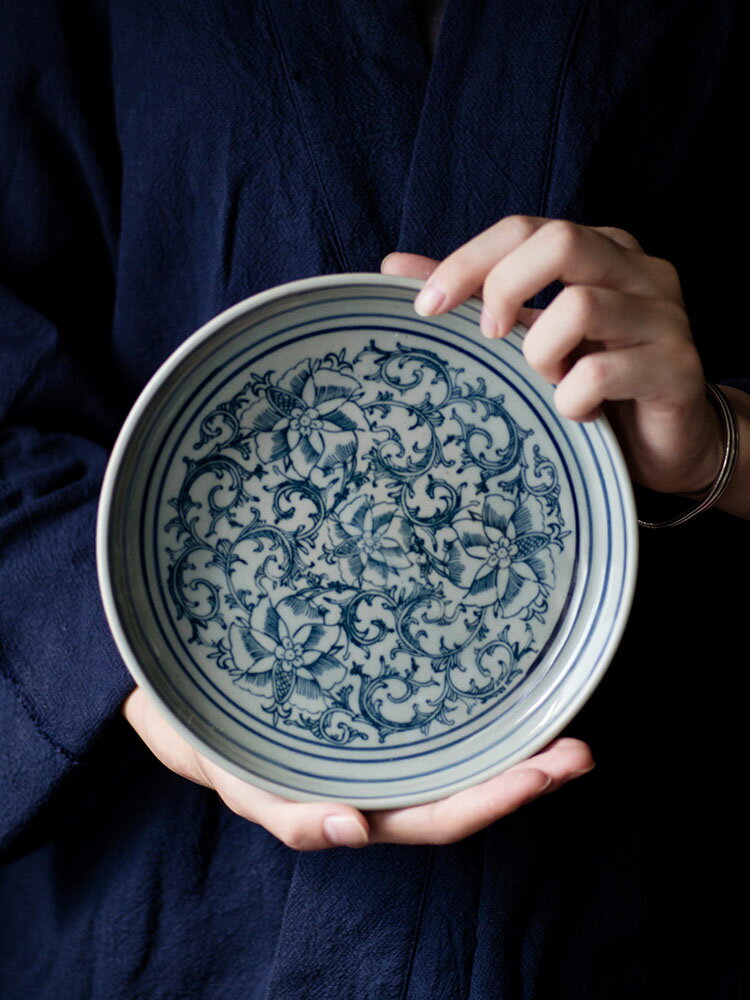 仿古青花壺承手繪藤蘭中式果盤茶托做舊瓷器陶瓷茶盤干泡盤茶點盤
