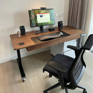 自動升降桌雙電機站立式電腦桌黑胡桃橡木實木桌面可調節現代簡約