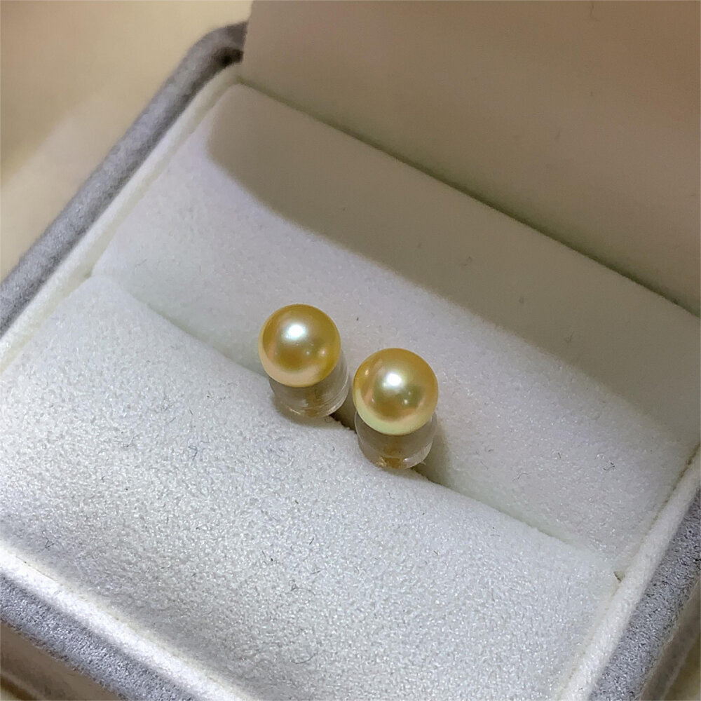 現貨 3-9mm 頂級 AKOYA 珍珠 淺金色/羽黃金色調 18K金耳釘  日本海水珍珠耳環
