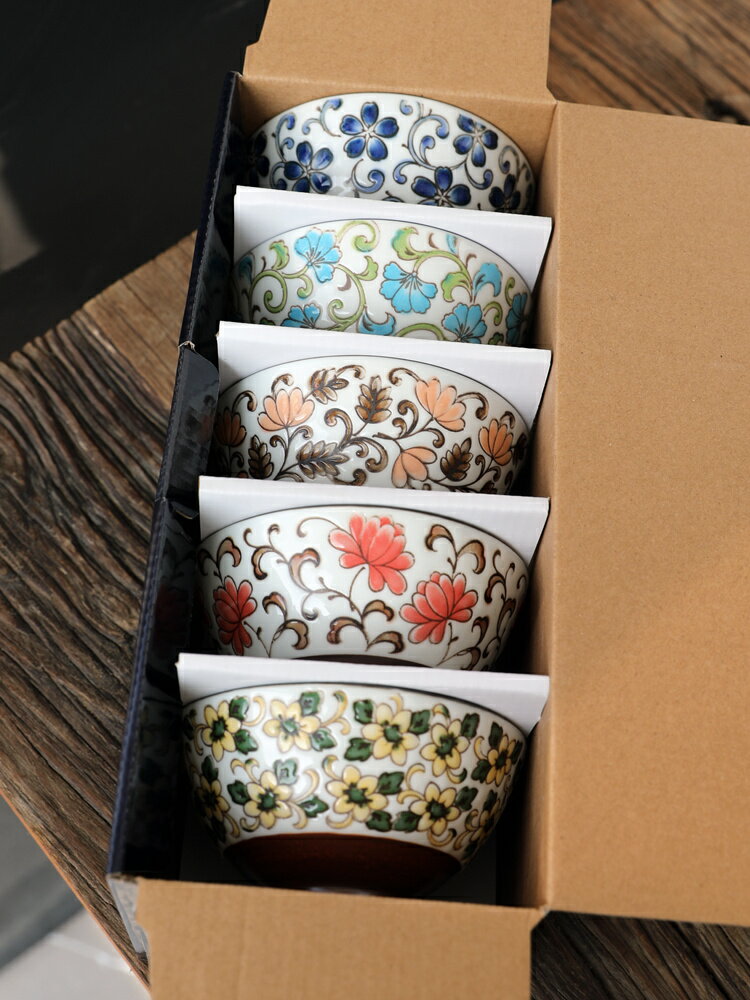 虧本清倉特價 日本進口陶瓷山茶花飯碗禮盒套裝5個小碗高腳碗送人