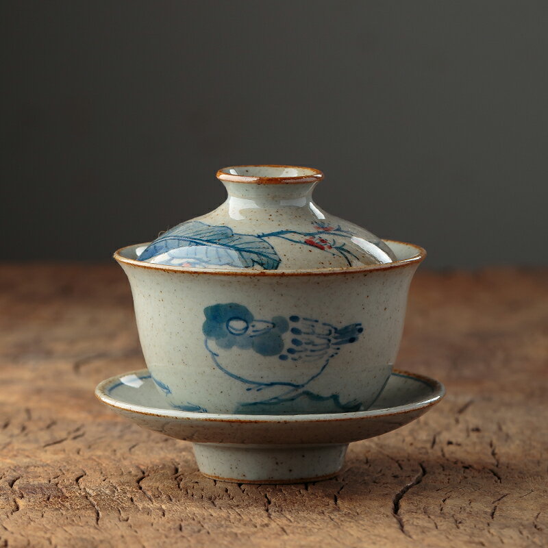 手繪青花瓷蓋碗茶杯景德鎮純手工陶瓷功夫茶具仿古三才碗茶具蓋杯1入