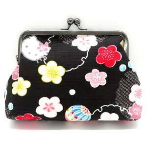 asdfkitty*日本製 KITTY梅花和風雙珠扣零錢包-黑色-超大尺寸-化妝包/收納包/置物包-正版商品
