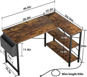 小型 L 形電腦桌 帶插座 47 英寸 L 形角桌 帶可翻轉儲物架