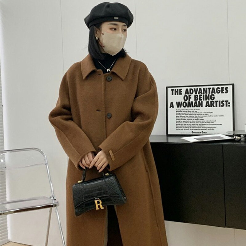 【巴黎精品】羊毛大衣毛呢外套-美拉德重磅駱駝絨氣質中長版翻領女外套2色a1ik15