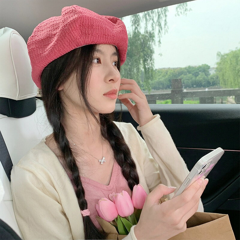 日系貝雷帽女純棉透氣褶皺韓秋冬季顯臉小畫家帽休閑百搭八角帽子
