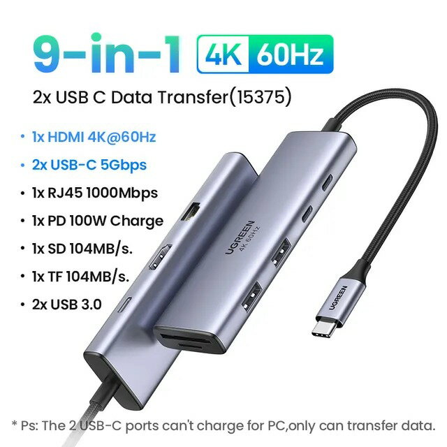 【日本代購】UGREEN USB C 集線器 4K60Hz C 型轉 HDMI2.0 RJ45 PD 100W 轉接器適用於 Macbook iPad Pro Air M2 M1 Sumsang 電腦配件 USB 3.0 集線器