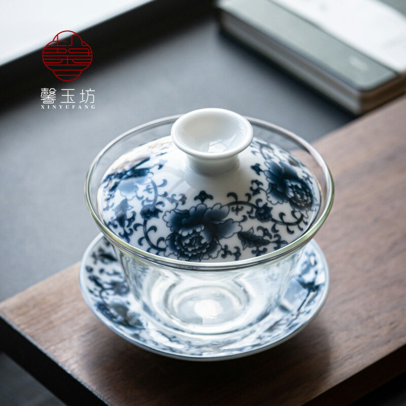 透明玻璃蓋碗陶瓷青花三才碗泡茶杯沖茶手抓沏茶碗功夫茶具