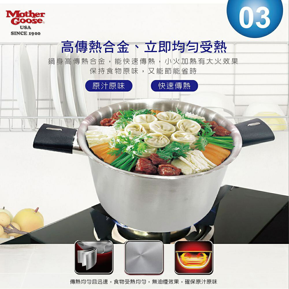 【美國MotherGoose 鵝媽媽】醫療級316 比爾不鏽鋼IH導磁湯鍋22cm 5