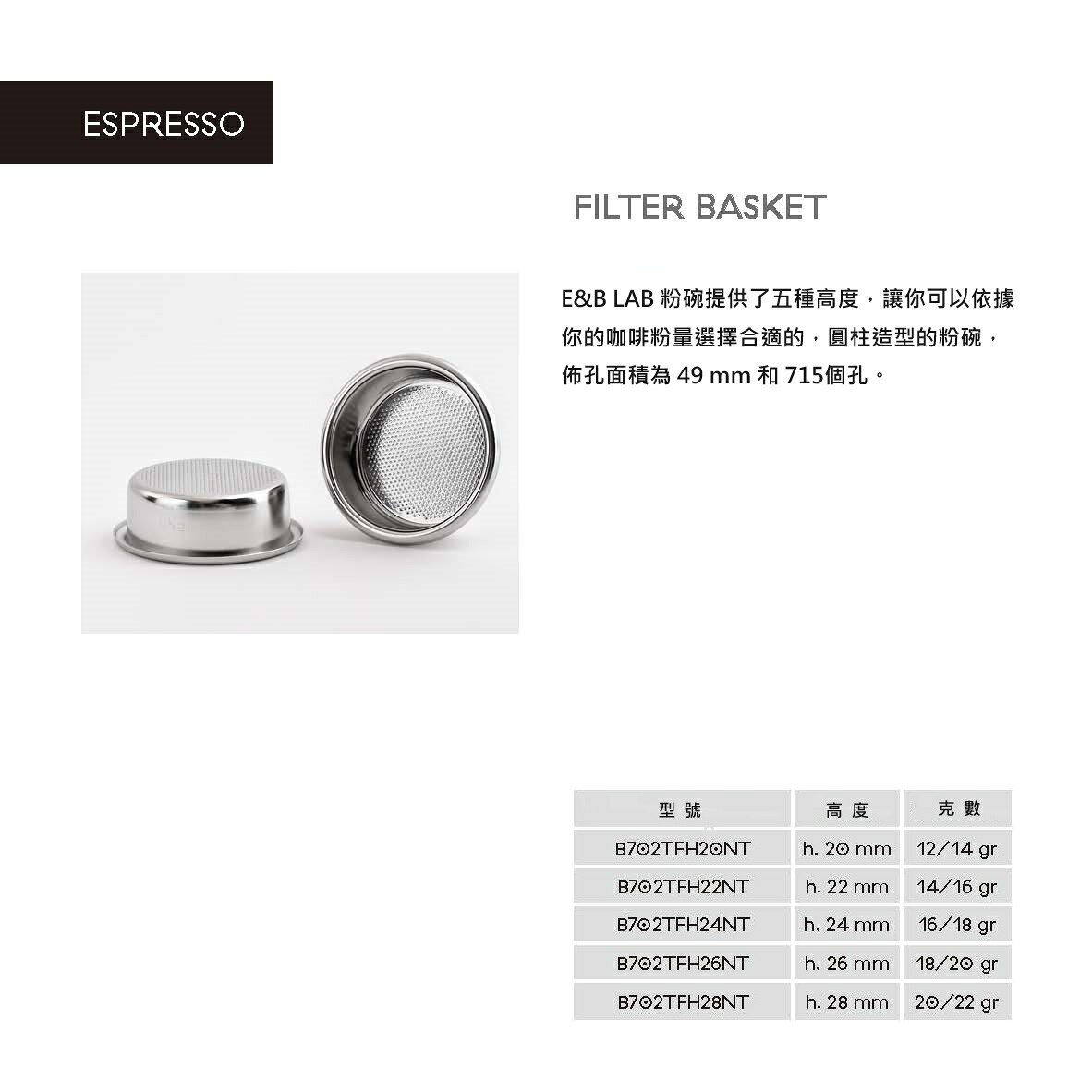 E&B Lab by IMS 義大利 B702TFH 系列 Espresso 58mm 義式咖啡 濾杯 粉碗 奈米塗層 2