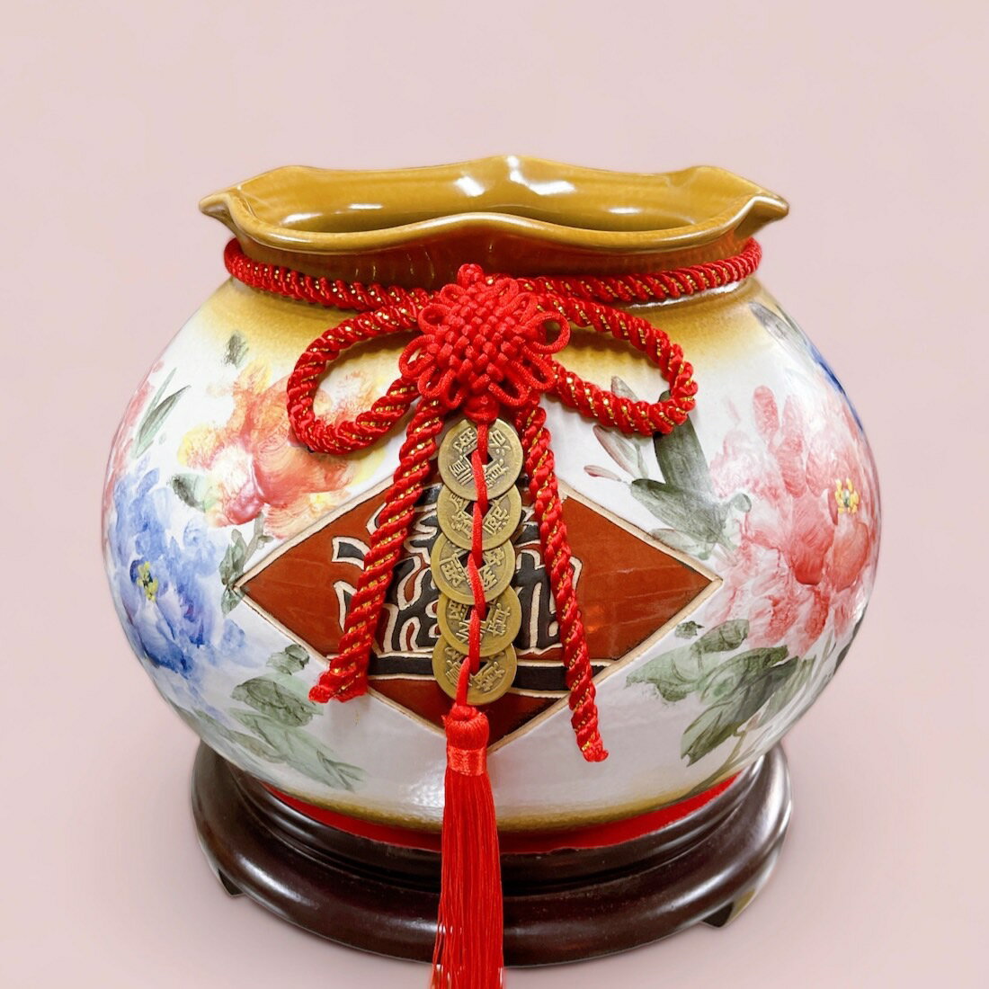 Sweet Heart新品 鶯歌陶瓷❤手工彩繪 特殊窯燒 荷口特大聚寶甕 (富貴牡丹 財運昌盛) 贈 開運符五色水晶套組 6