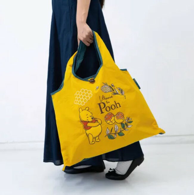 日本進口 Disney 迪士尼 小熊維尼 刺繡 兩用 大容量 摺疊購物袋｜小鶴日貨