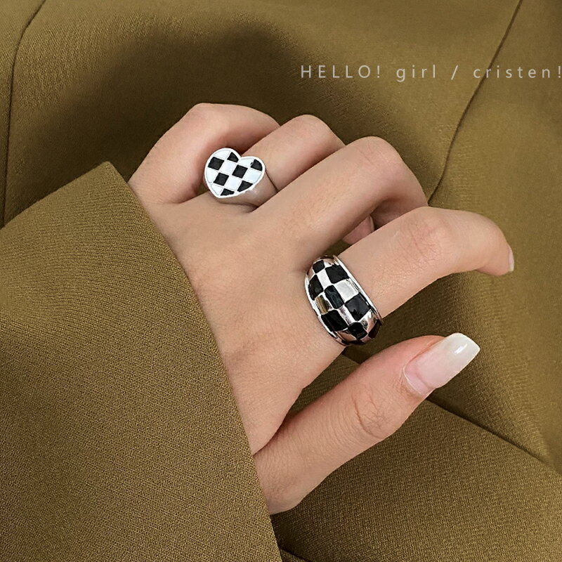 愛心黑白棋盤格子開口戒指女日韓復古撞色食指戒簡約小眾設計指環