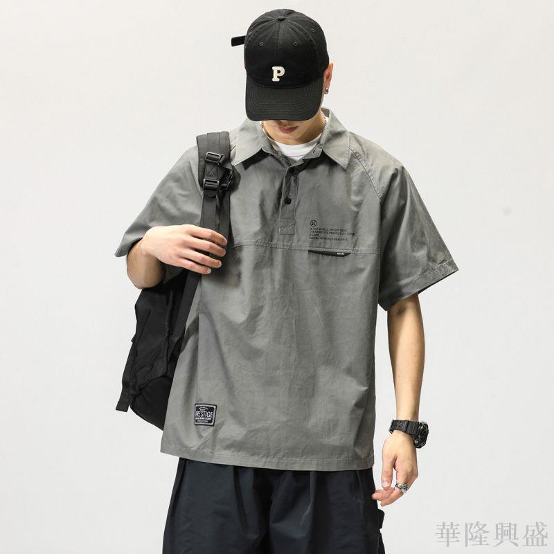 工裝痞帥polo領襯衫男夏季高階感個性帥氣短袖t恤ins潮牌半袖襯衣