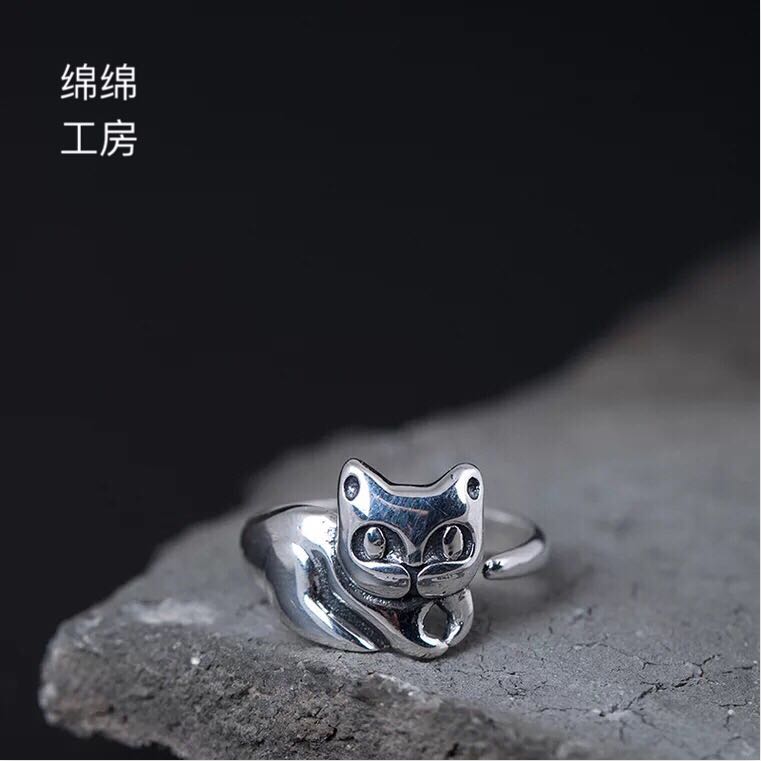 韓版純銀925戒指女簡約可愛小貓開口可調仿古貓咪戒指寵物銀飾