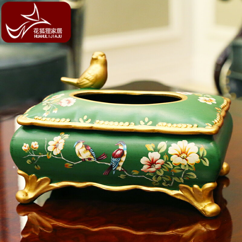 美式復古客廳紙巾盒擺件 創意家用茶幾彩繪紙抽盒歐式裝飾品擺設
