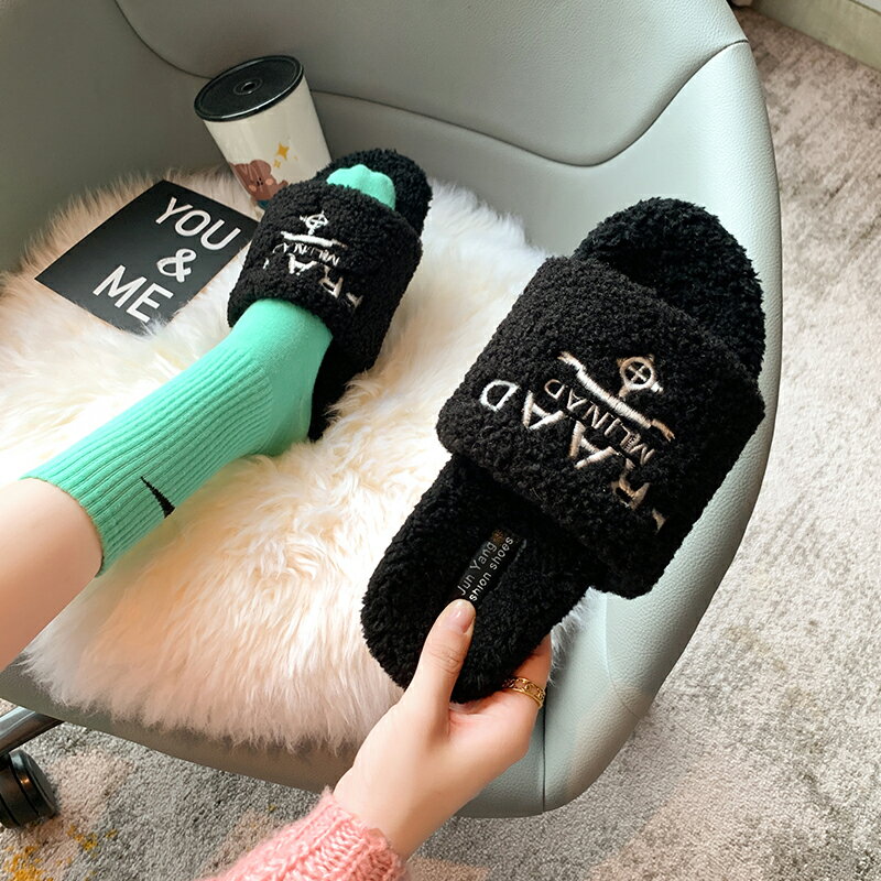 時尚達人洋氣刺繡潮牌經典毛毛鞋女秋冬新款羊羔毛絨絨拖鞋子