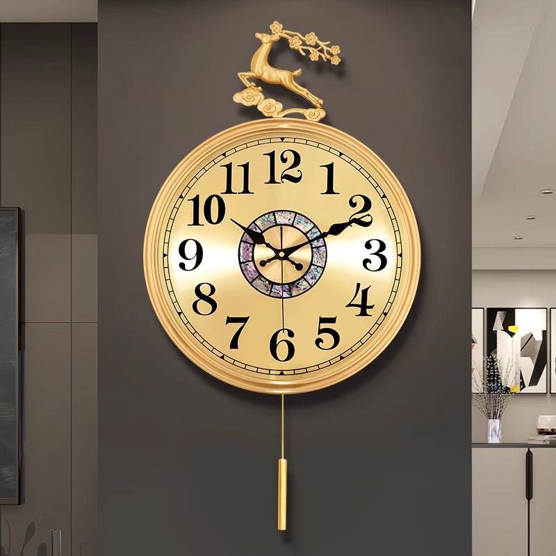 掛鐘 時鐘 客廳時鐘 新中式黃銅高檔掛鐘客廳家用時尚福鹿輕奢風掛墻時鐘表靜音石英鐘