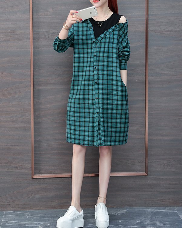 FINDSENSE品牌 秋季 新款 韓國原裝 女 氣質 拼接格子 露肩 顯瘦 中長款 長袖 假兩件 時尚 連衣裙
