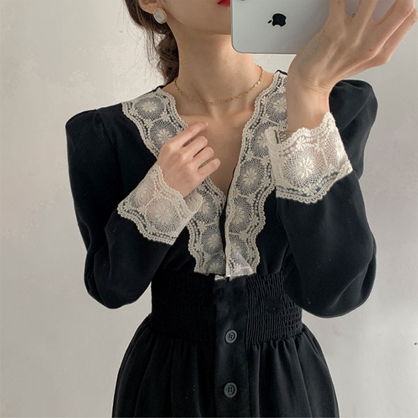 ANNA S. 正韓 V領 蕾絲 黑色 洋裝 長袖 縮腰 顯瘦 連身裙 復古 氣質 上班族 韓國690 5