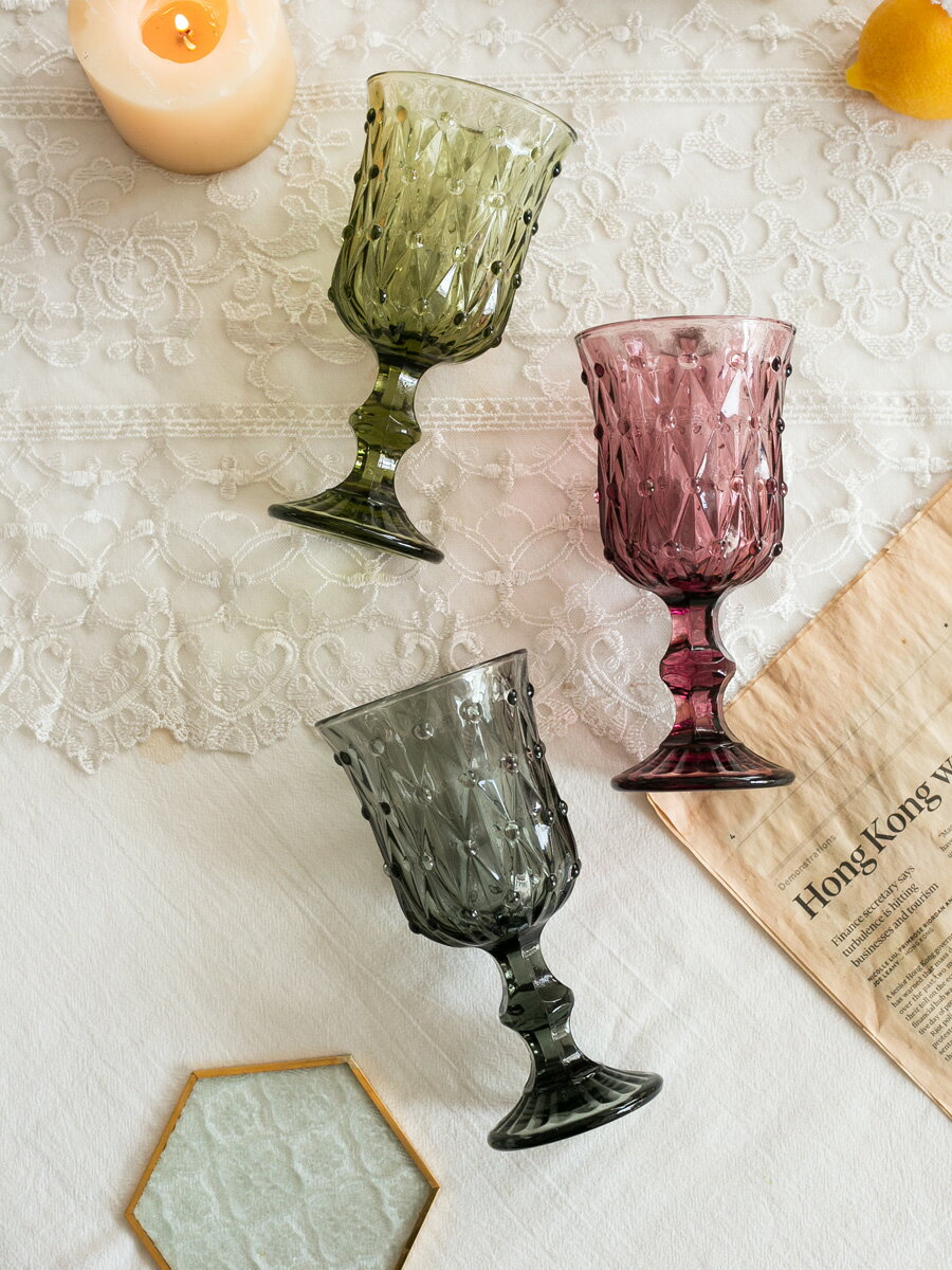 中古風復古浮雕高腳杯 玻璃葡萄酒 杯 紅酒杯圓形歐式香檳杯加厚