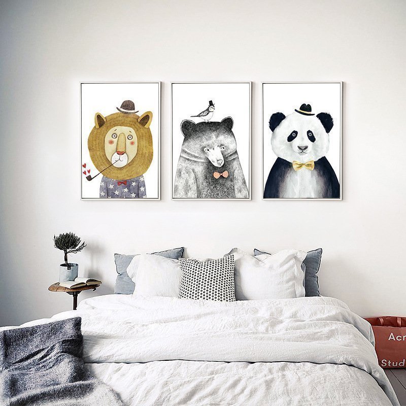現代簡約美式客廳裝飾畫沙發兒童房有框畫三聯畫歐式動物裝飾畫